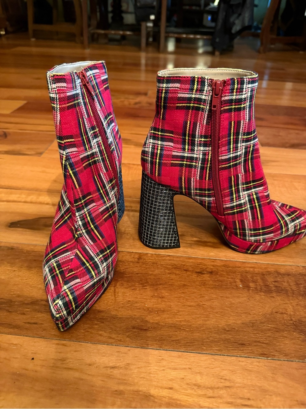 Betsey Johnson Red Plaid Ankle Booties with Patterned Block Heel
